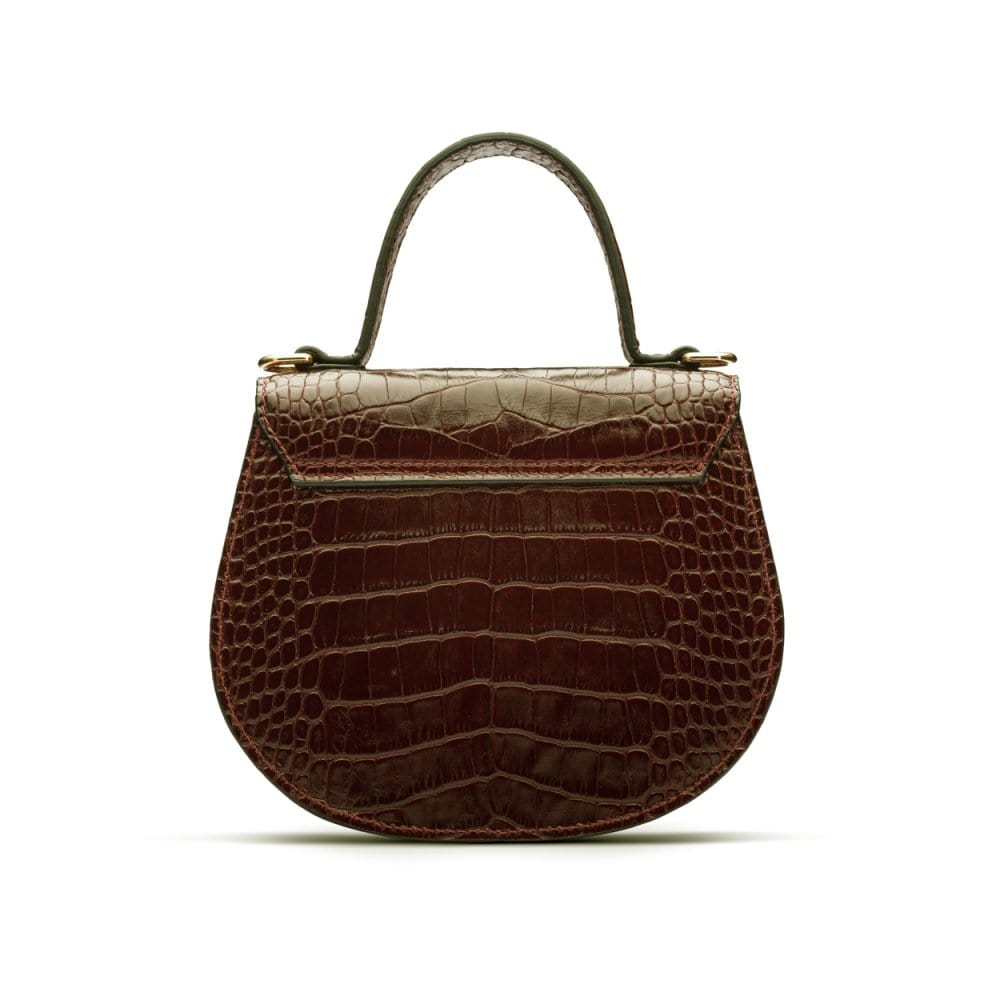 Leather rounded bottom top handle bag, brown croc, back
