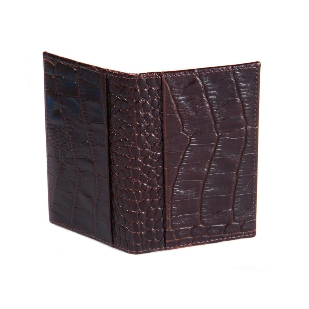 Leather travel card wallet, brown croc, back