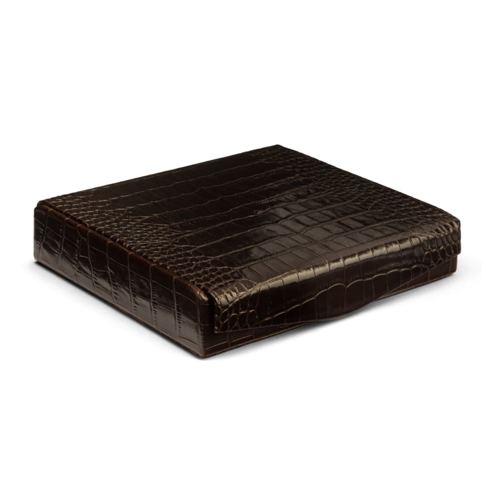 Large leather accessory box, brown croc, front