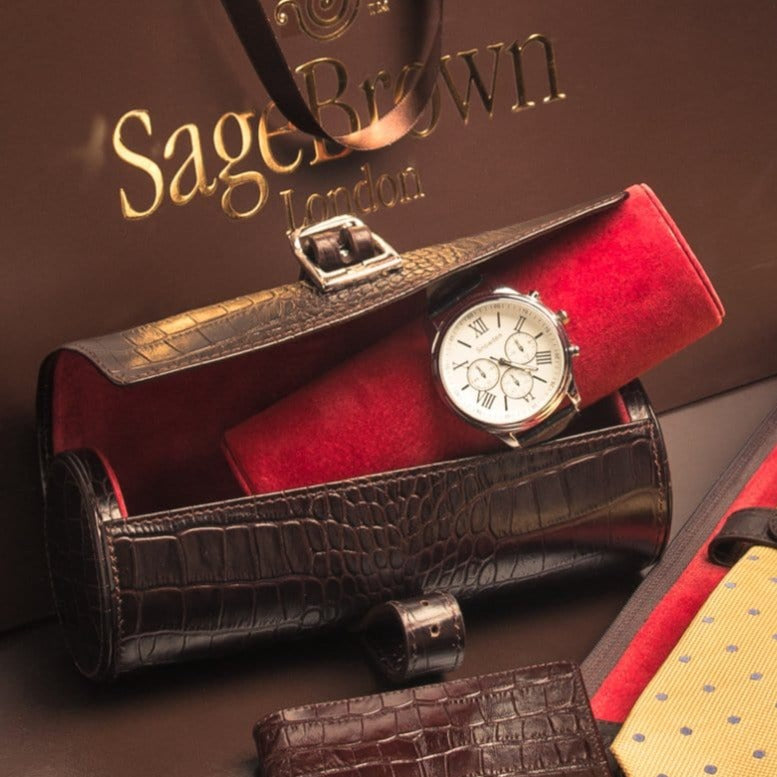 Large leather watch roll, brown croc with red, lifestyle