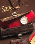 Large leather watch roll, brown croc with red, lifestyle