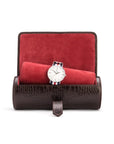 Large leather watch roll, brown croc with red, open