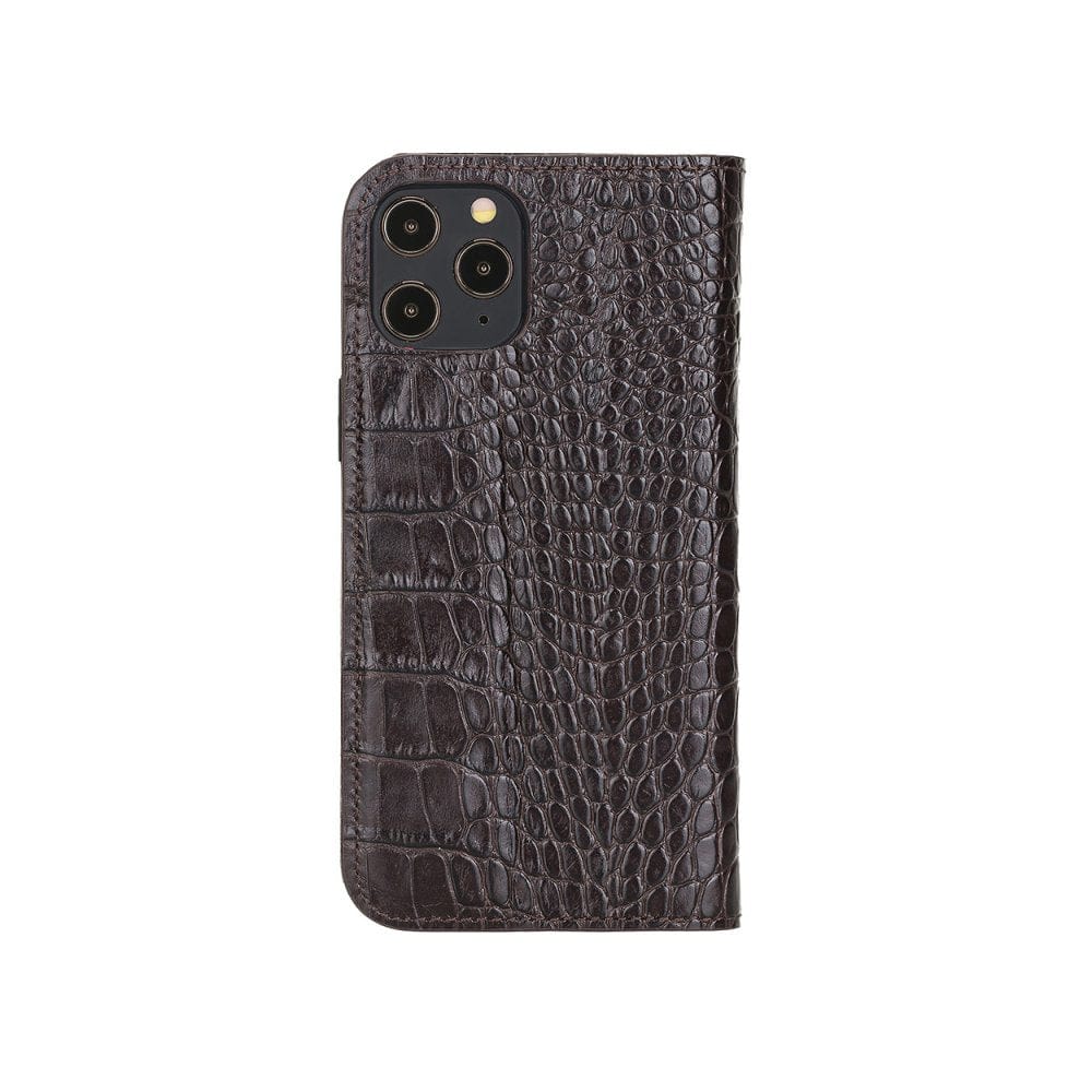 Leather iPhone 12 Pro Max Wallet Case - Brown Croc With Red
