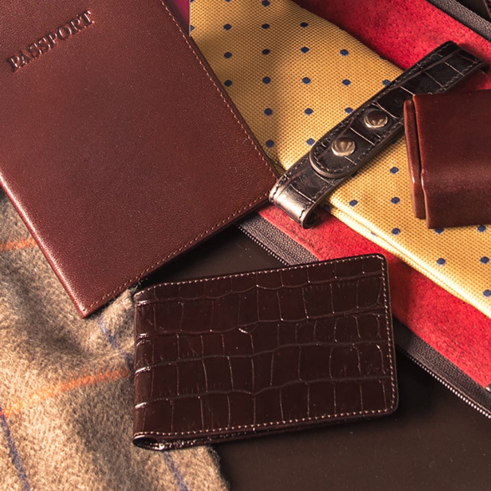 Leather Oyster card holder, brown croc with red, lifestyle