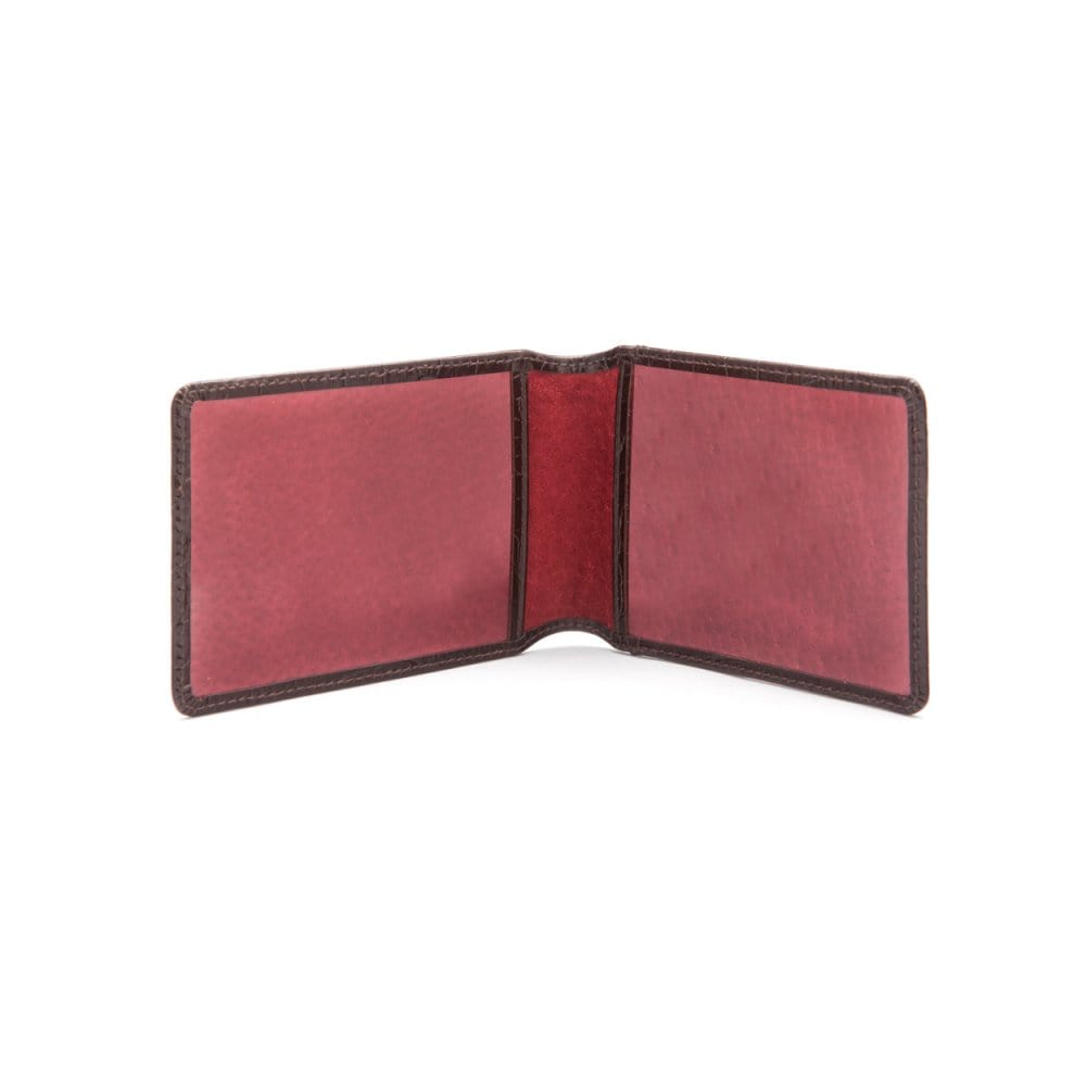 Leather Oyster card holder, brown croc with red, open