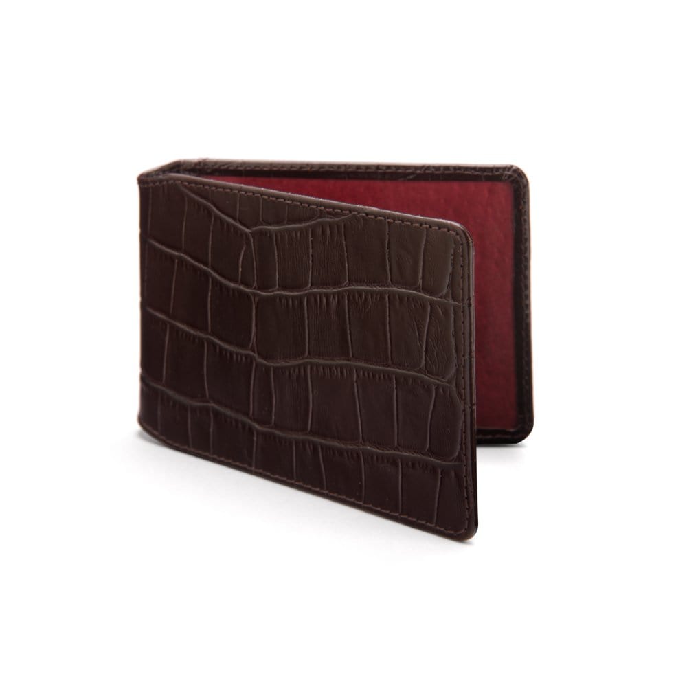 Leather Oyster card holder, brown croc with red, front