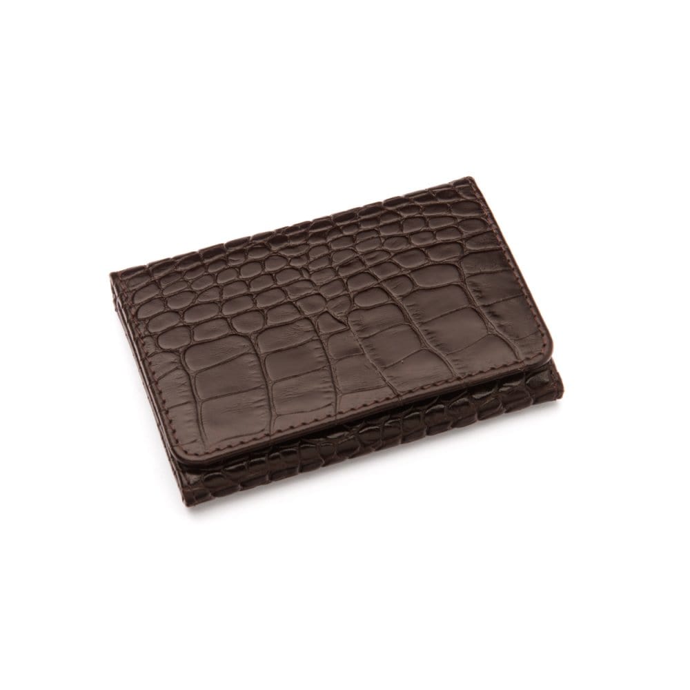 Leather tri-fold travel card holder, brown croc with red, front