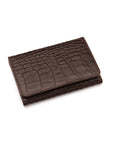 Leather tri-fold travel card holder, brown croc with red, front