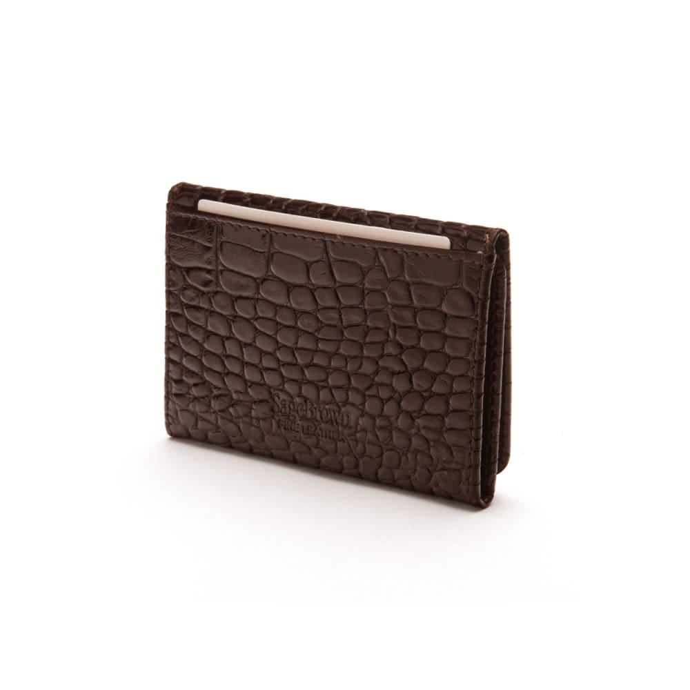 Leather tri-fold travel card holder, brown croc with red, back