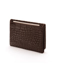 Leather tri-fold travel card holder, brown croc with red, back