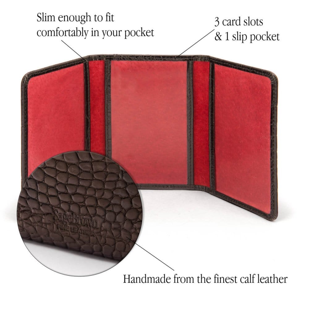 Leather tri-fold travel card holder, brown croc with red, features