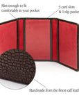 Leather tri-fold travel card holder, brown croc with red, features