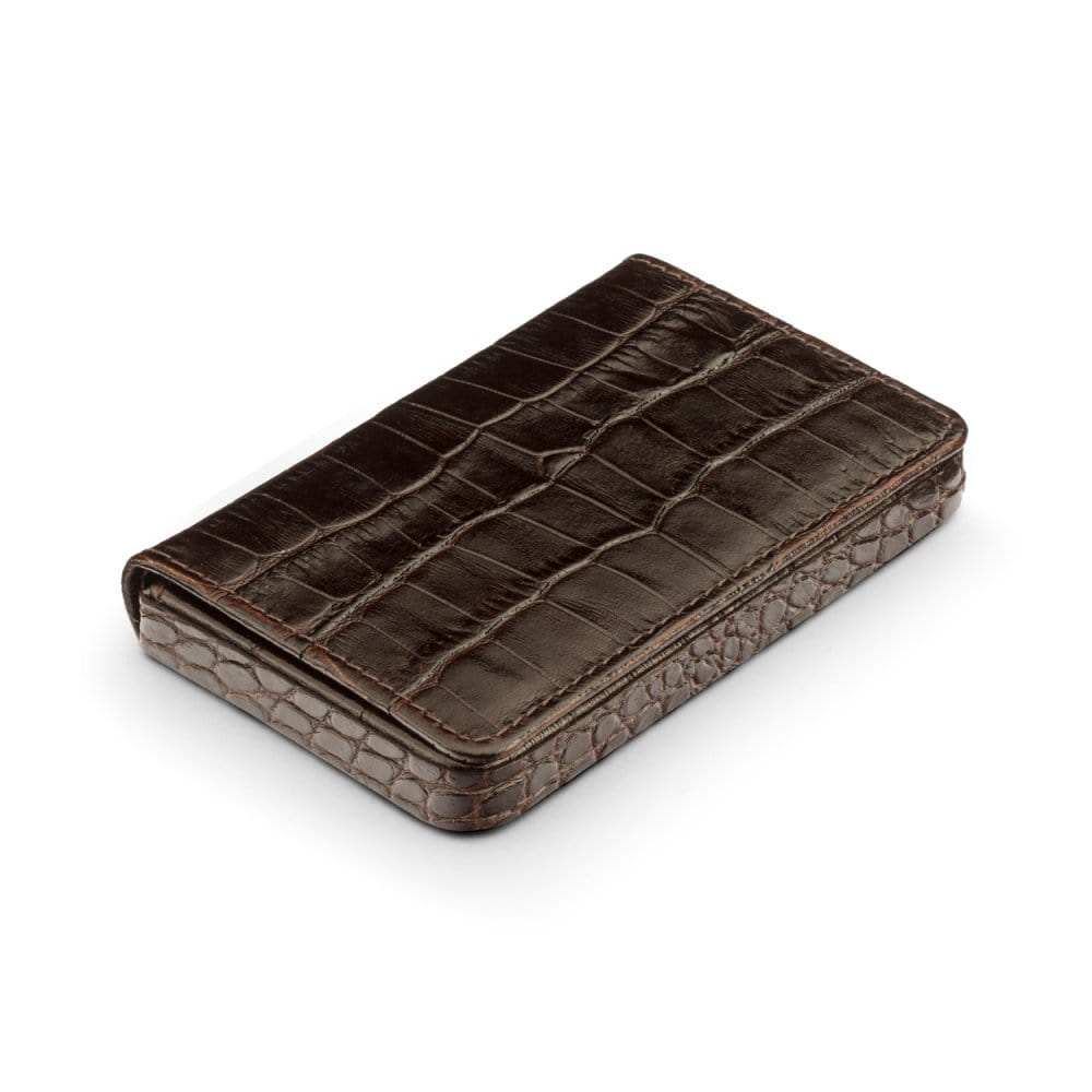 Leather business card holder with magnetic closure, brown croc, side
