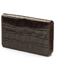 Leather business card holder with magnetic closure, brown croc, front