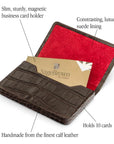 Leather business card holder with magnetic closure, brown croc, features