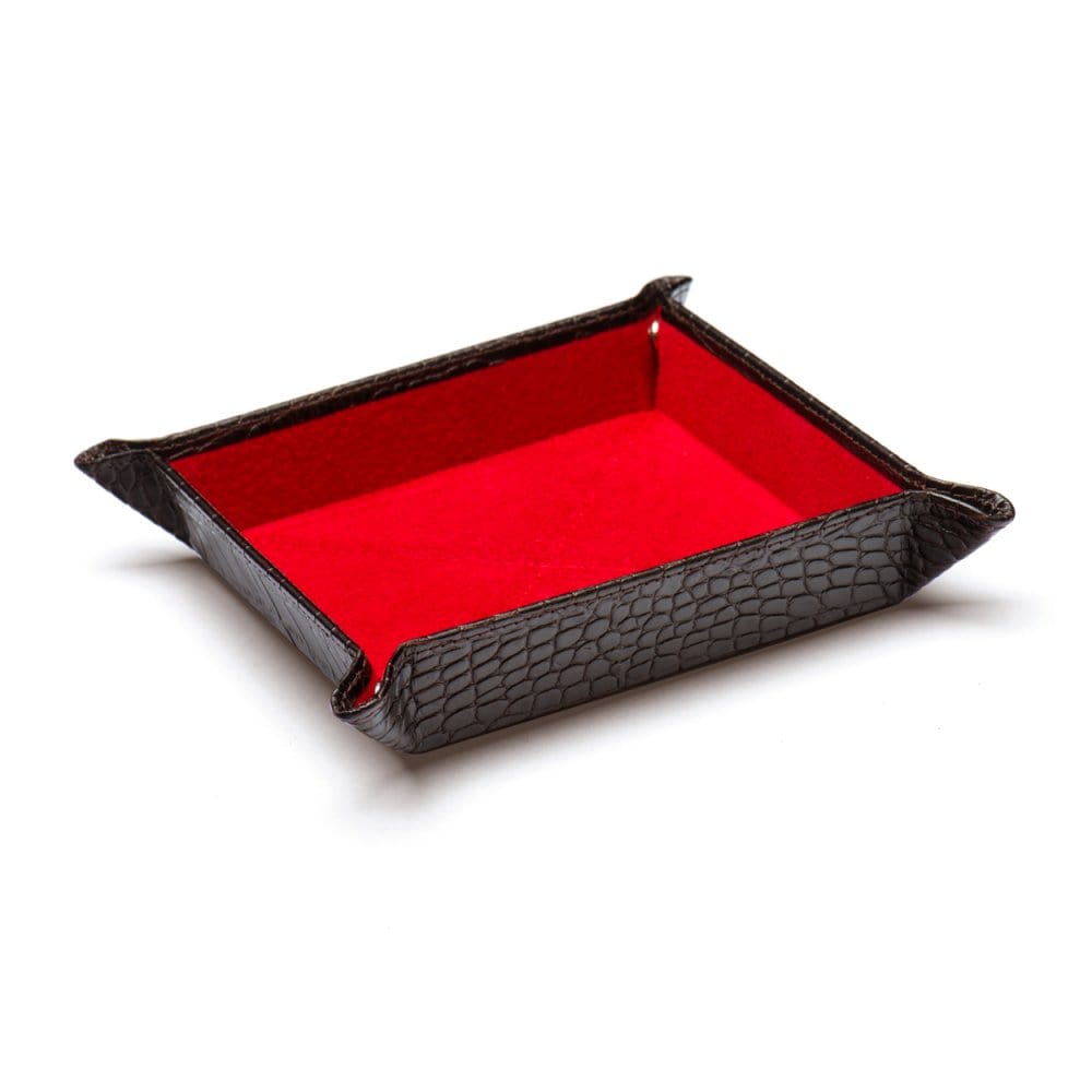 Leather valet tray, brown croc with red