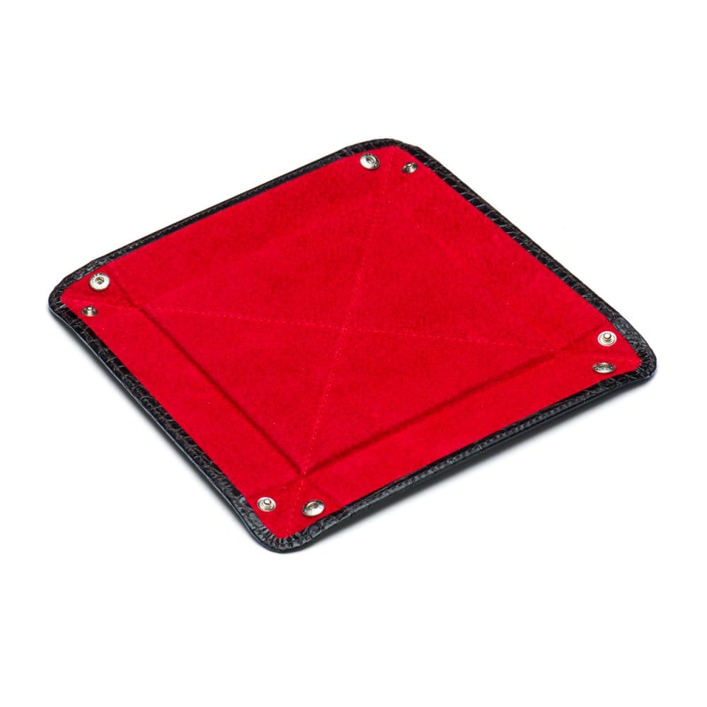 Leather valet tray, brown croc with red, flat