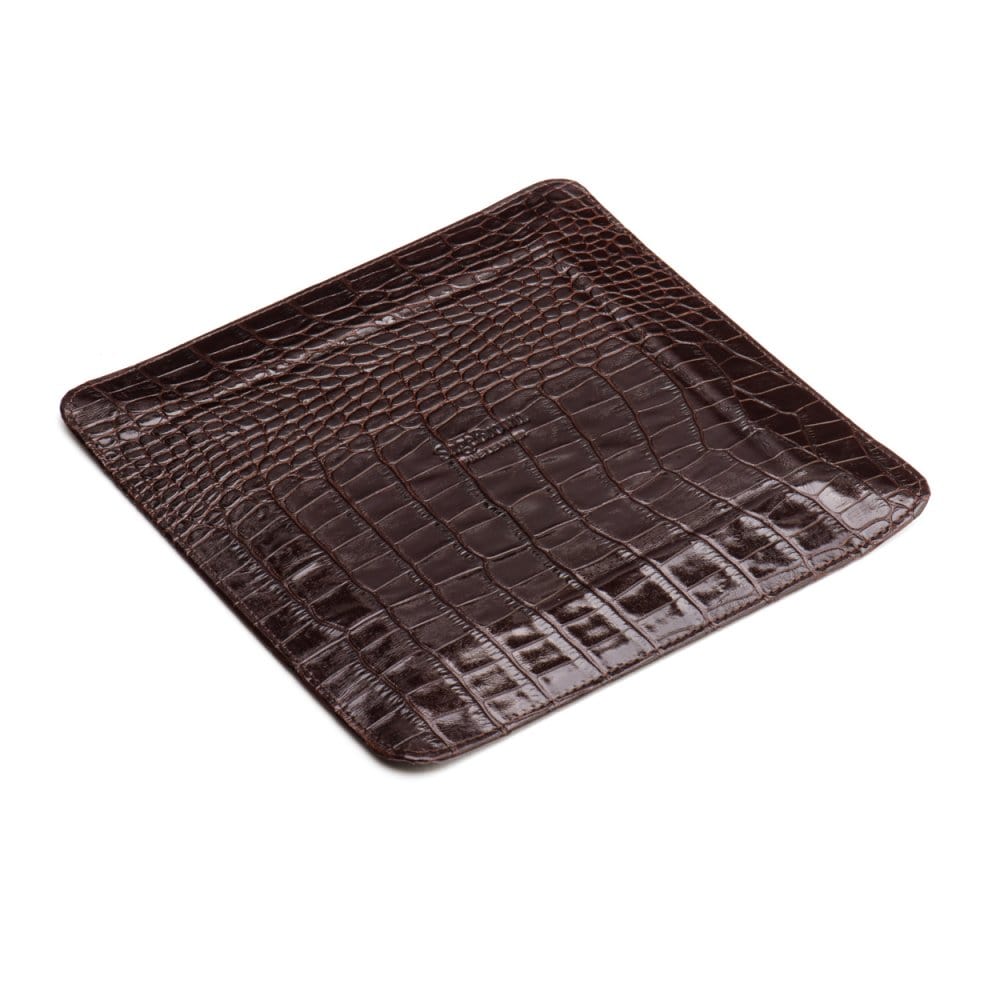 Leather valet tray, brown croc with red, flat base