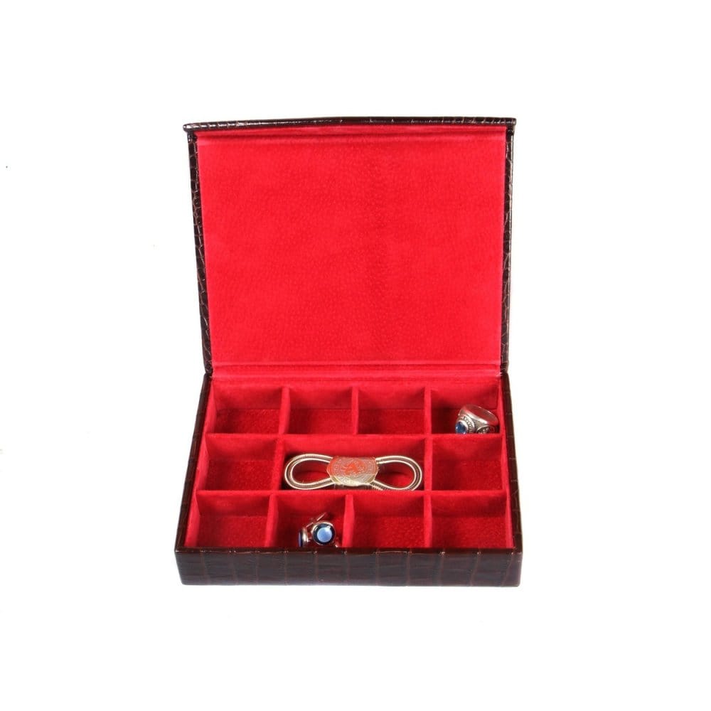 Brown Croc With Red Men's Large Leather Cufflink Box