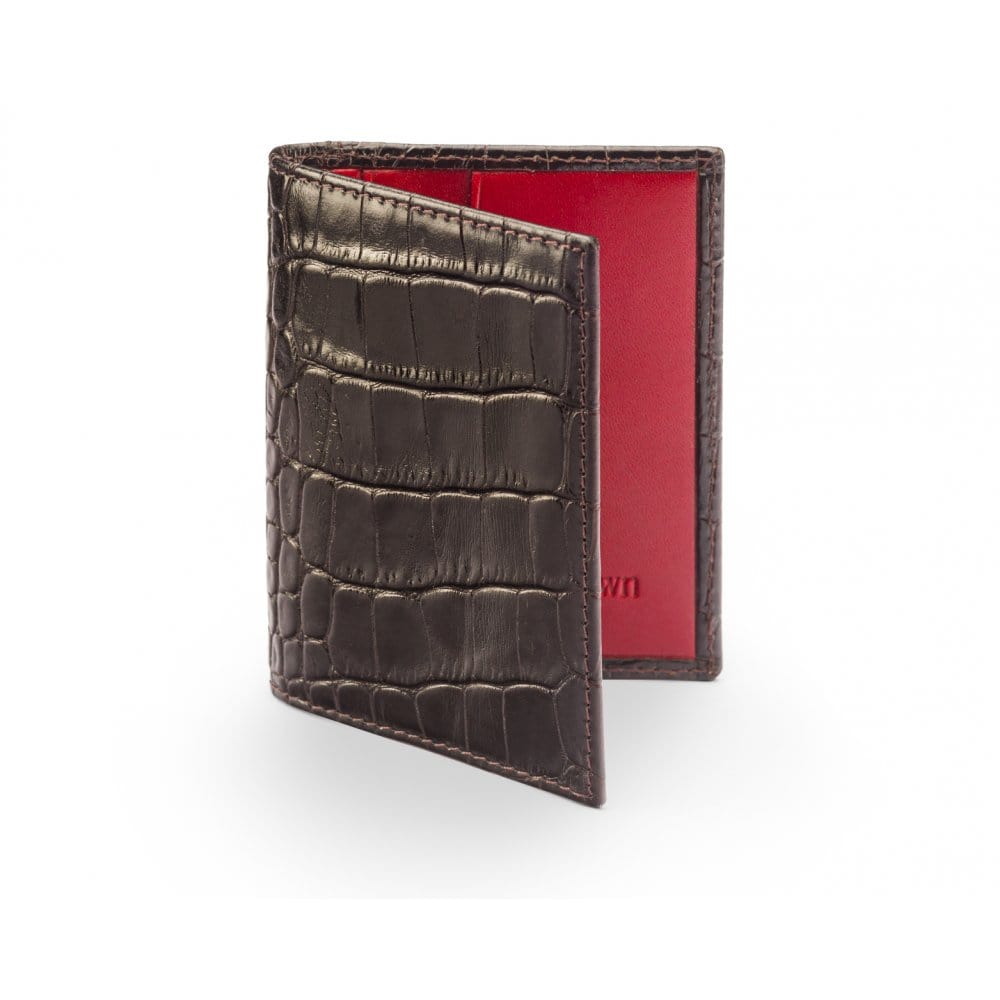 RFID leather credit card holder, brown croc with red, front view