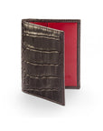 RFID leather credit card holder, brown croc with red, front view