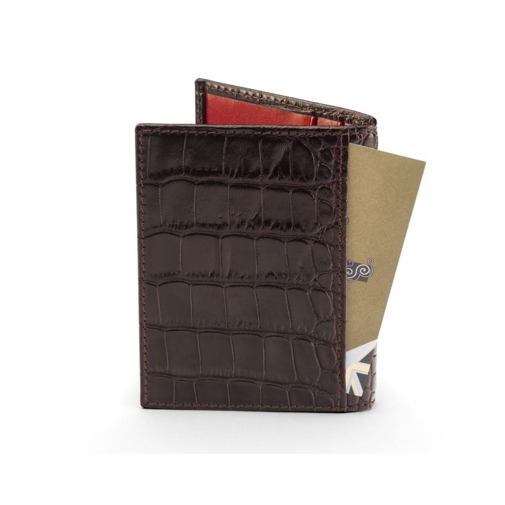 RFID leather credit card holder, brown croc with red, back view