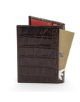 RFID leather credit card holder, brown croc with red, back view