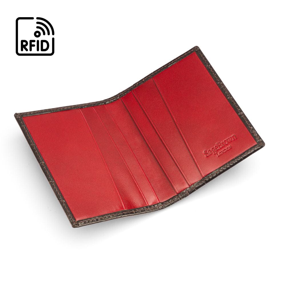 RFID leather credit card holder, brown croc with red, open view