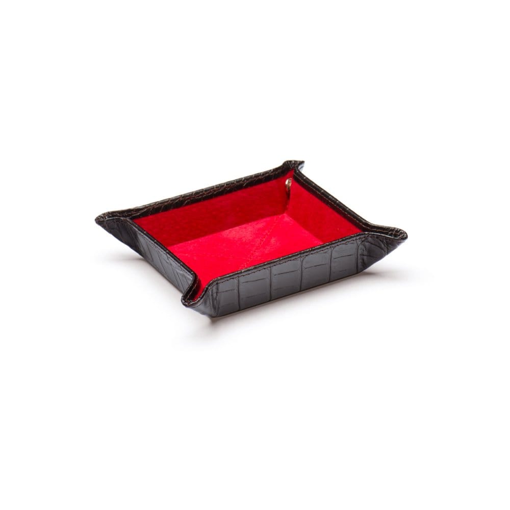 Small leather valet tray, brown croc with red, front