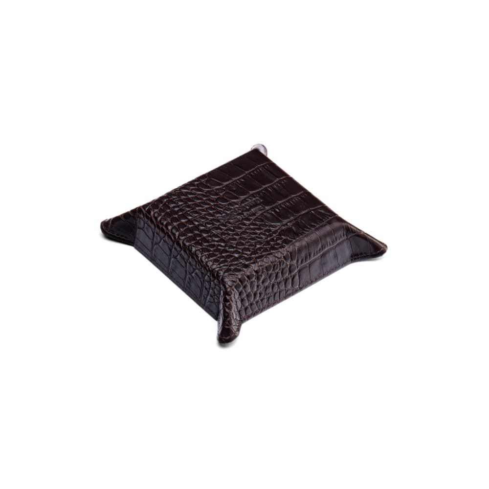 Small leather valet tray, brown croc with red, back