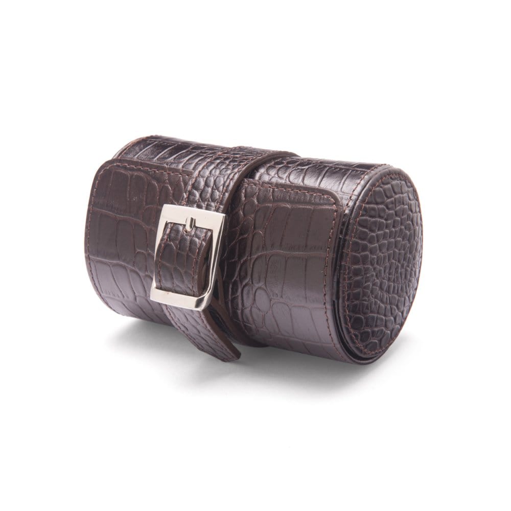 Small leather watch roll, brown croc with red, front