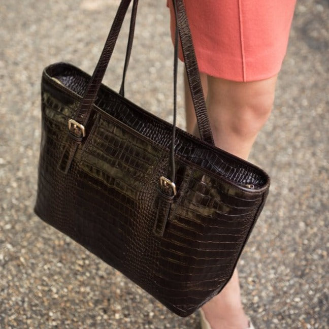 Women's leather 13" laptop workbag, brown croc, lifestyle