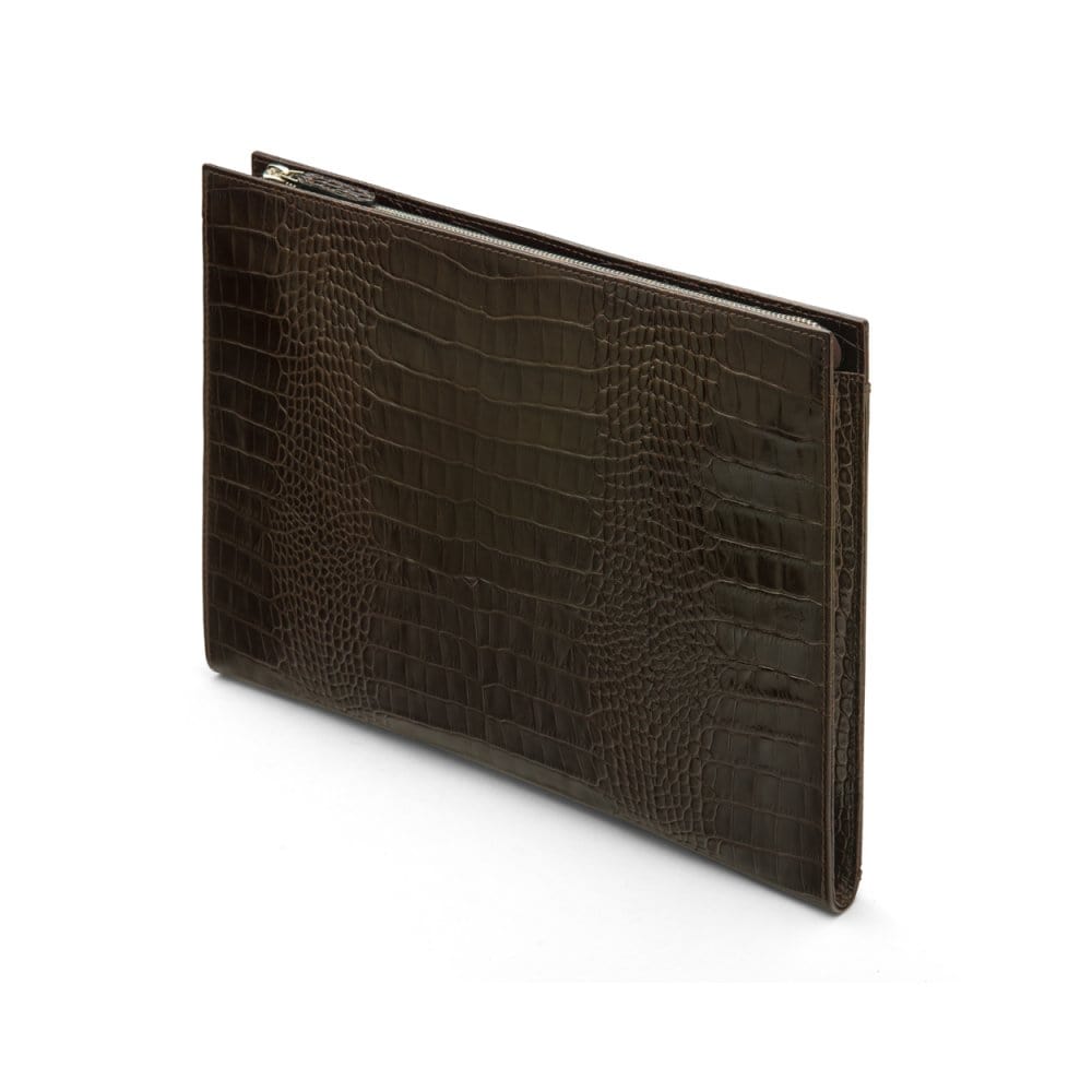 Zip top leather folder, brown croc, side view