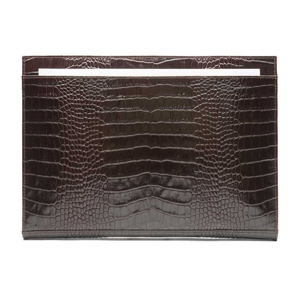 Zip top leather folder, brown croc, front view