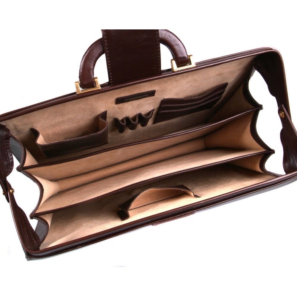 Gladstone doctor's briefcase, brown, inside view