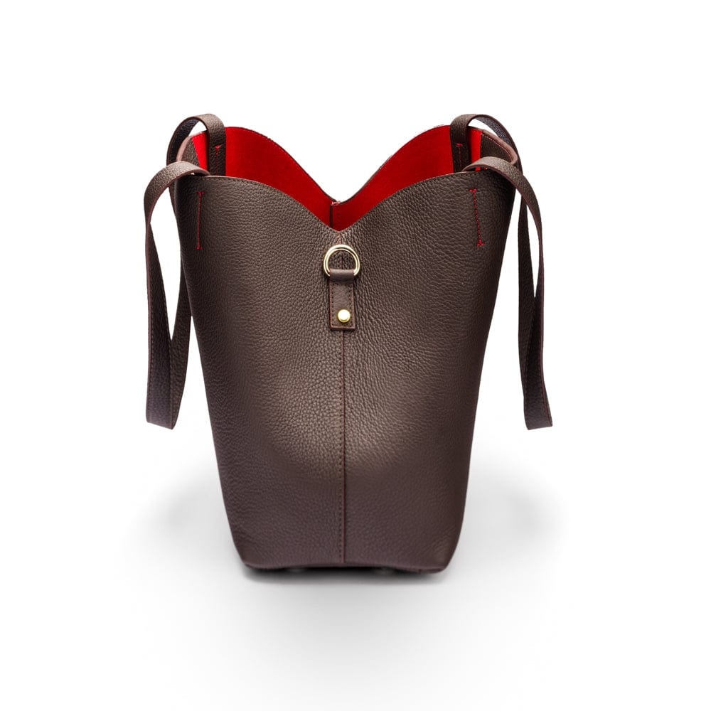 Leather tote bag, brown, side view 