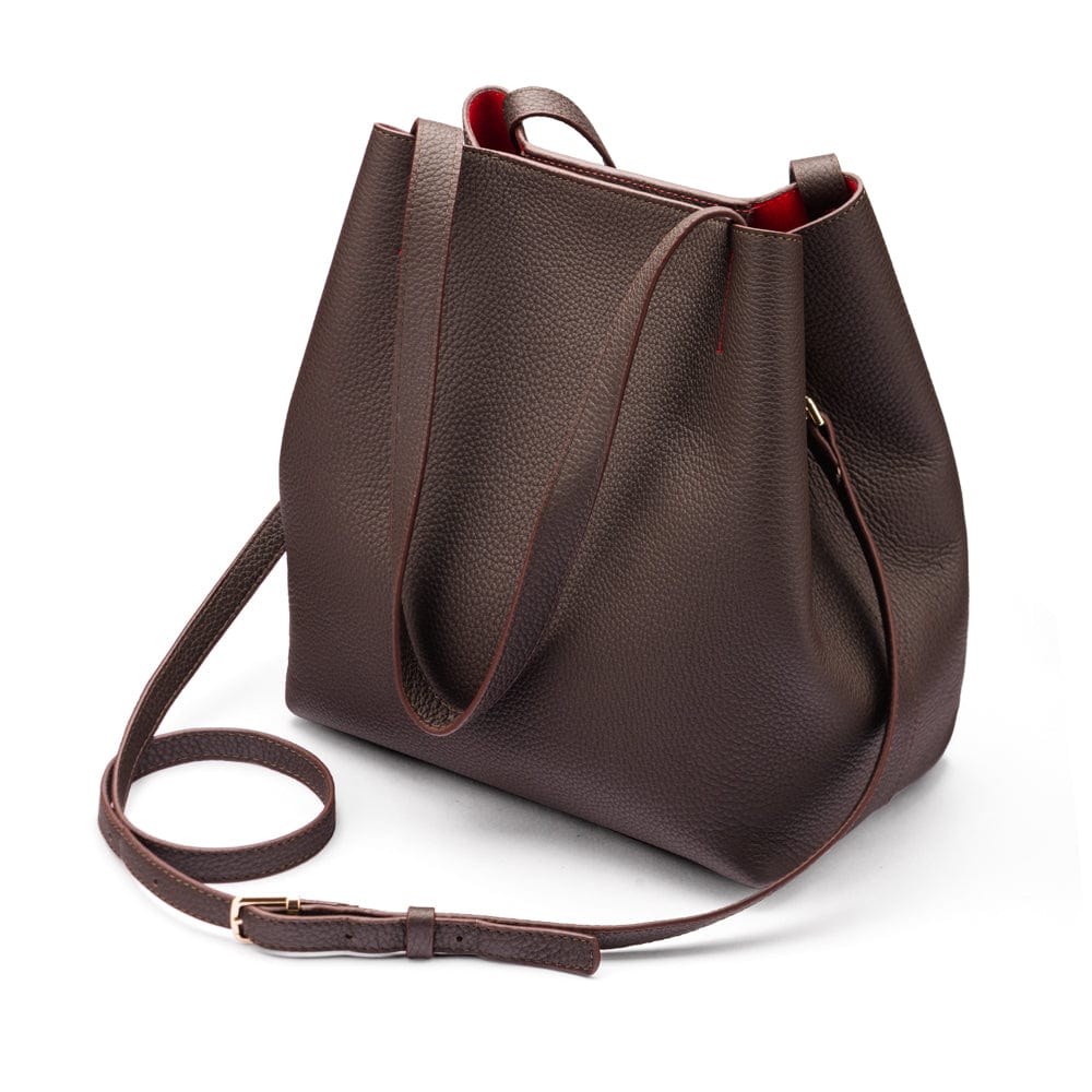 Leather tote bag, brown, with shoulder strap