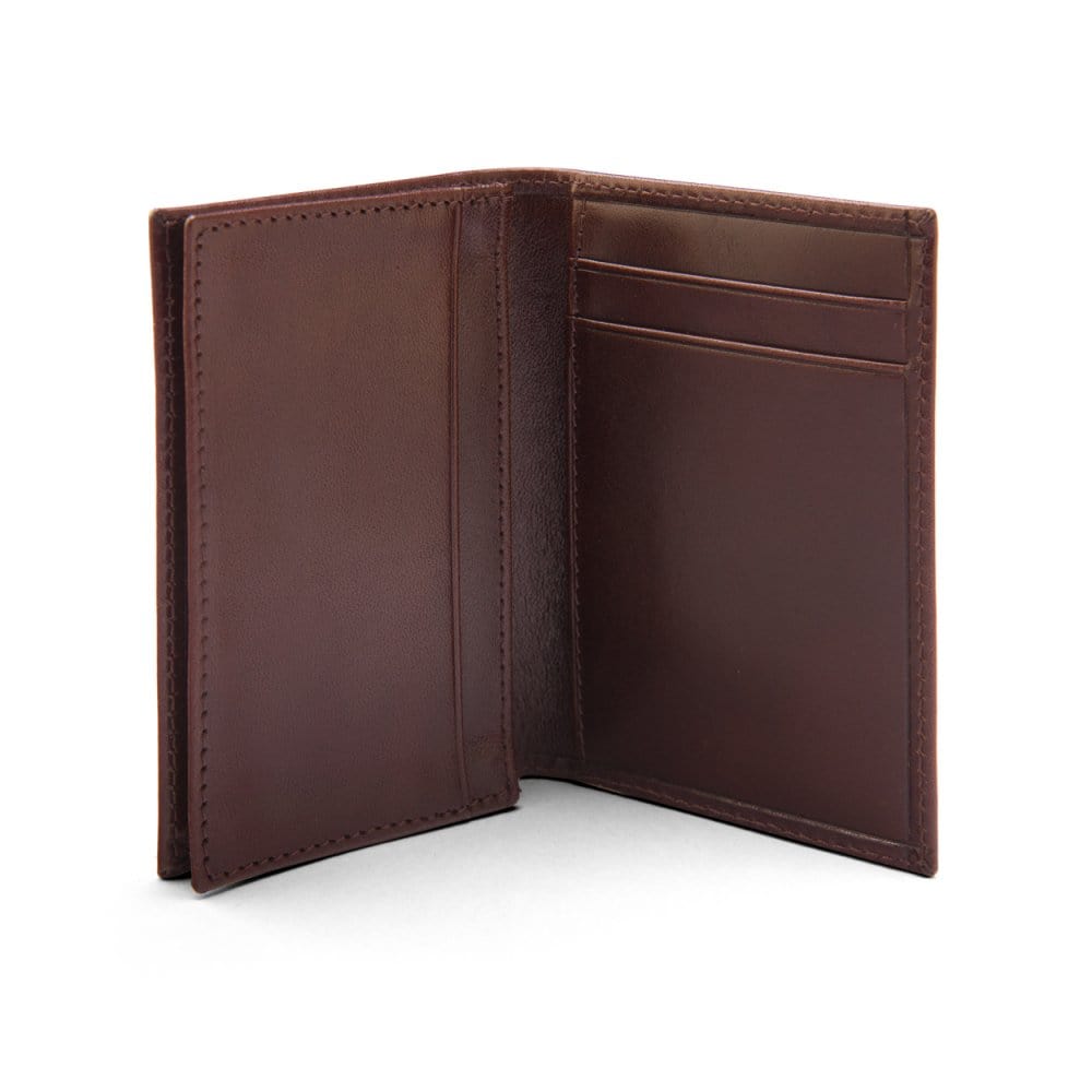 Expandable leather business card case, brown, open