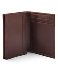 Expandable leather business card case, brown, open