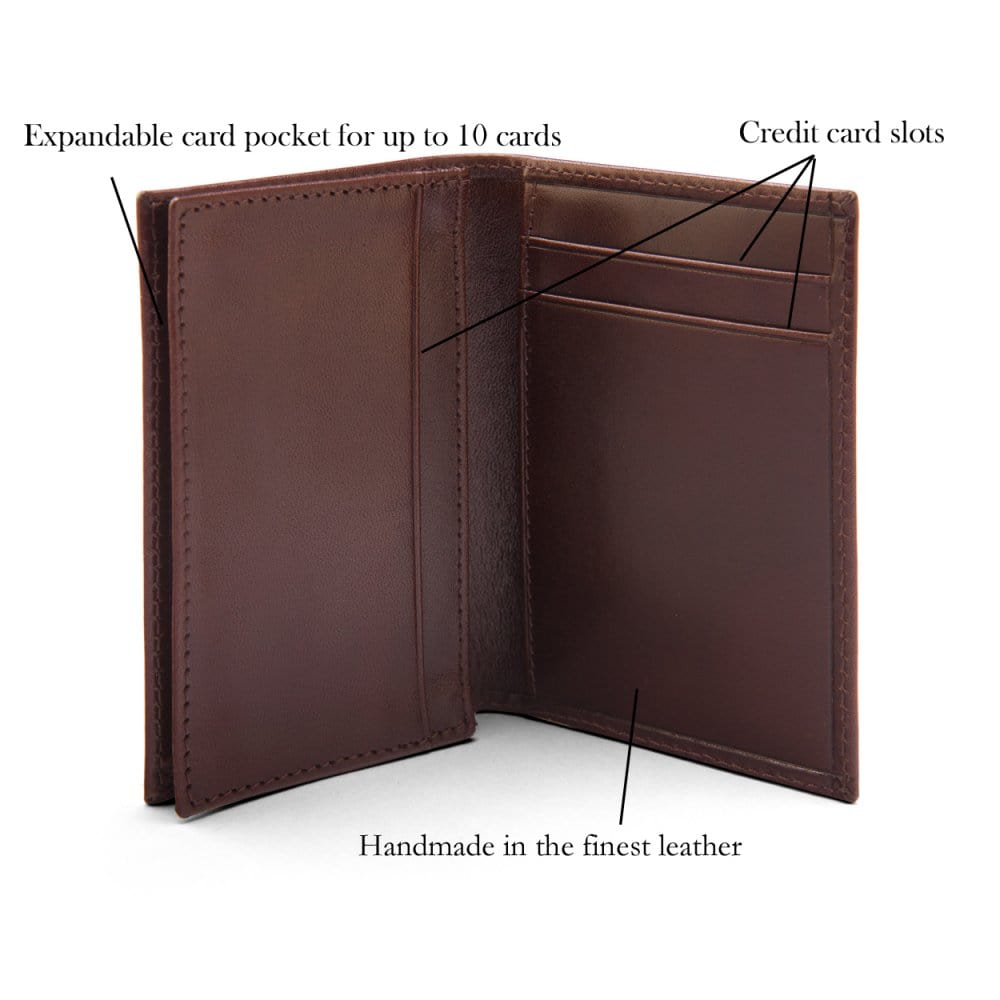 Expandable leather business card case, brown, features