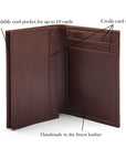 Expandable leather business card case, brown, features