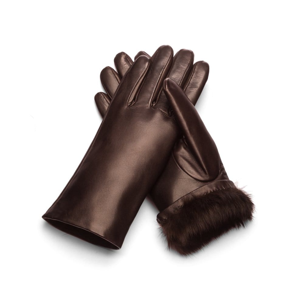 Fur lined leather gloves ladies, brown