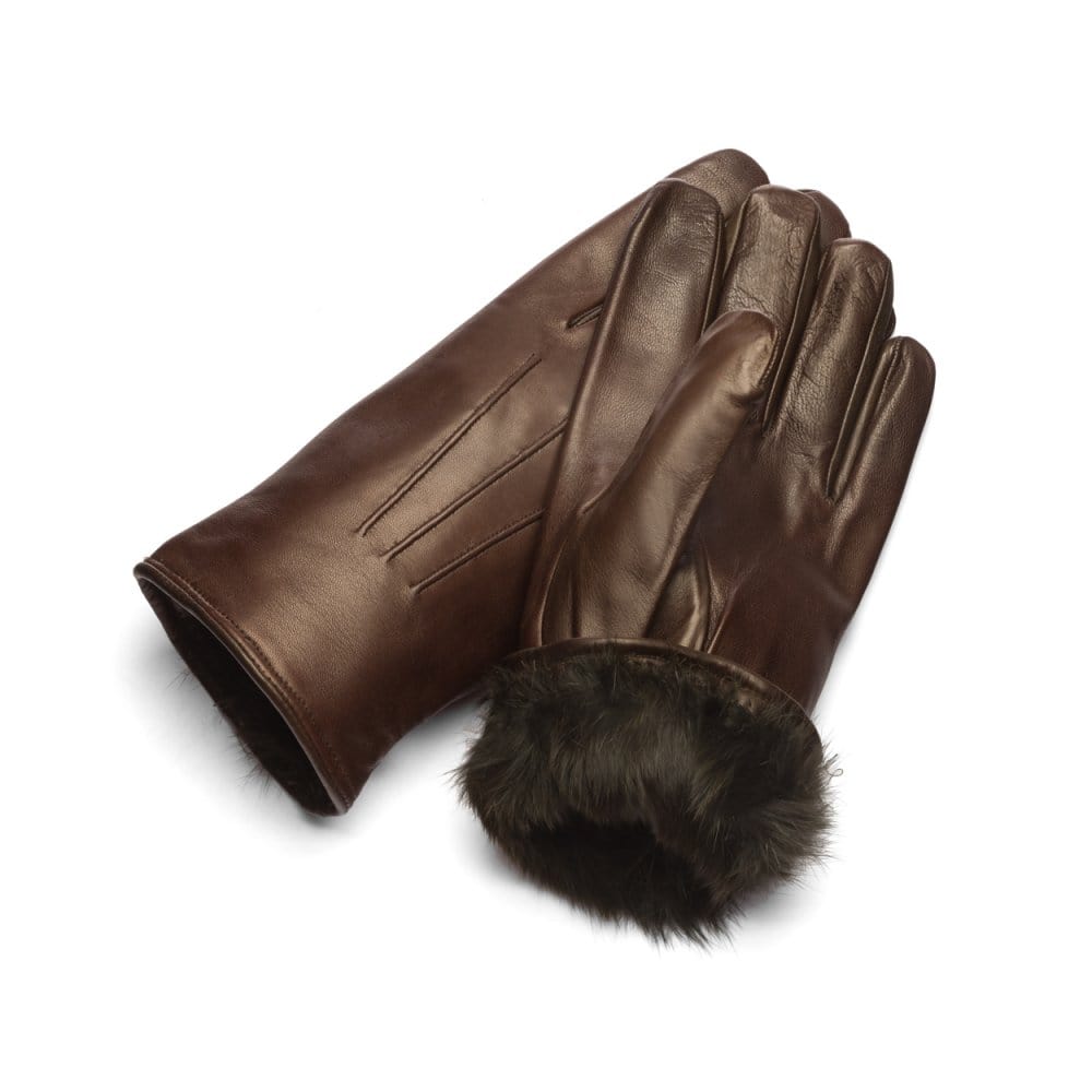 Fur lined leather gloves men&#39;s, brown