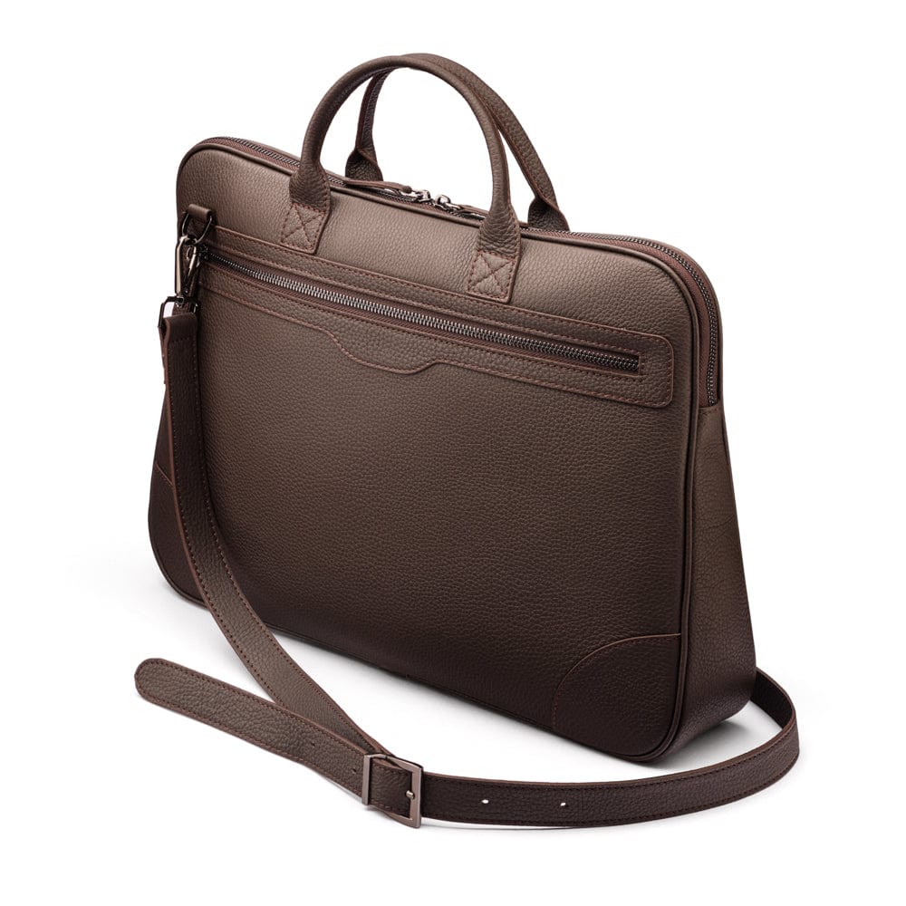 16"  slim leather laptop bag, brown, side view