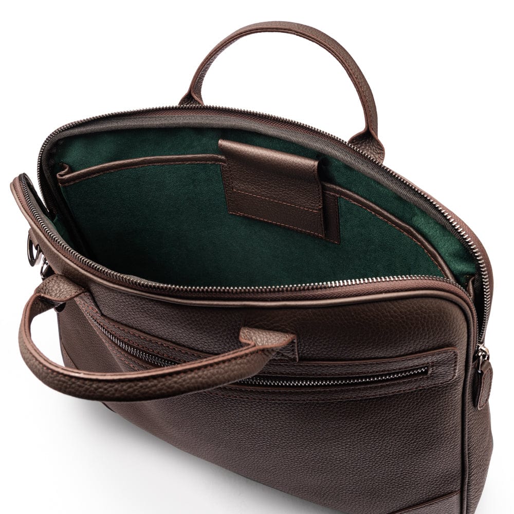 16"  slim leather laptop bag, brown, inside view