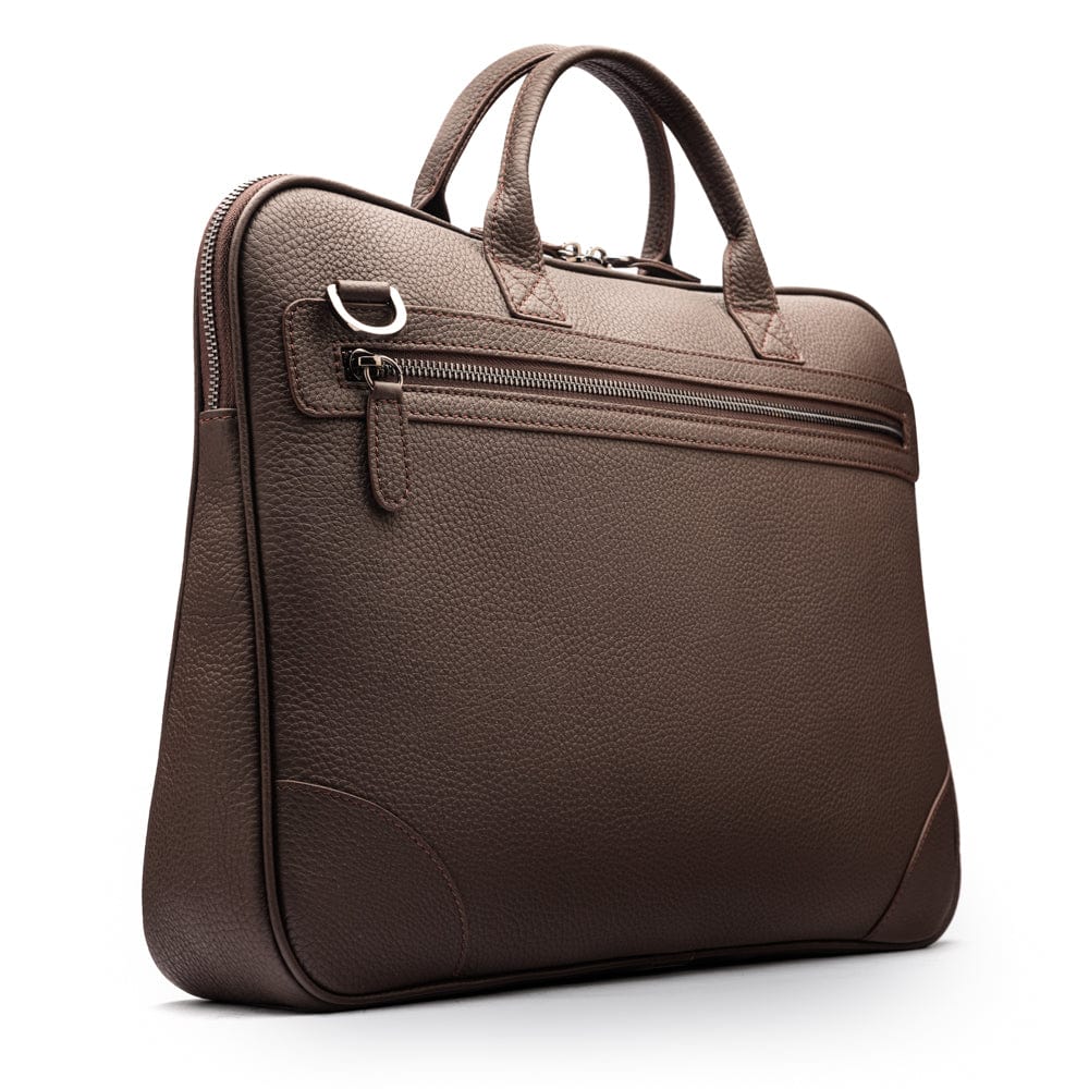 16"  slim leather laptop bag, brown, front view