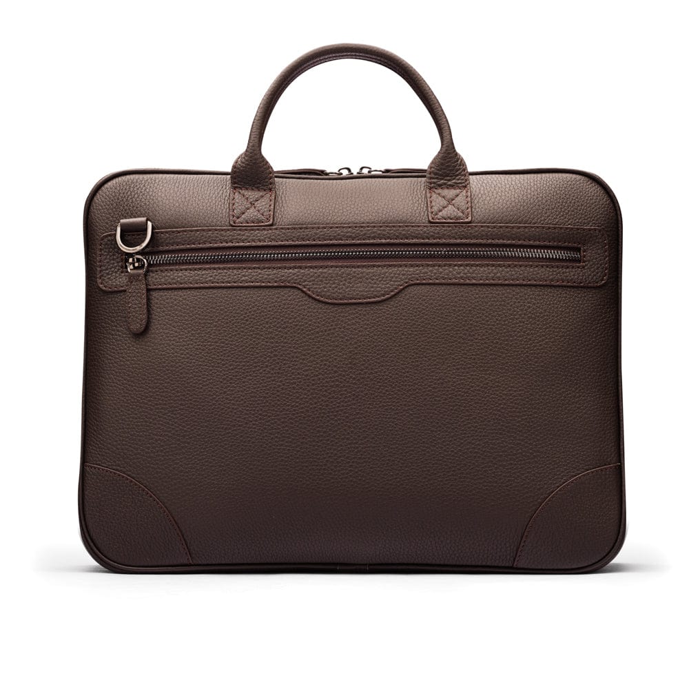 16"  slim leather laptop bag, brown, back view