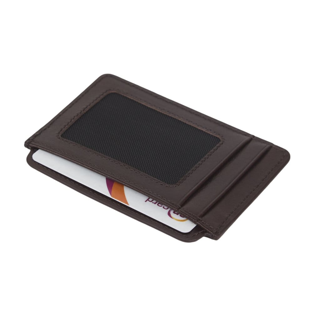 Flat leather ID card case, brown , front view