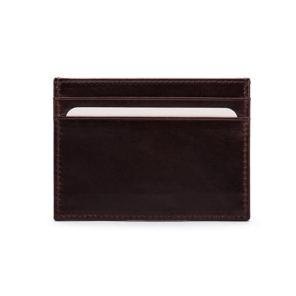 Flat leather credit card wallet 4 CC, brown, front