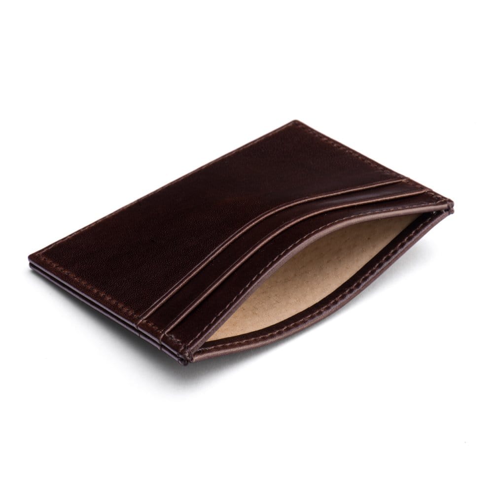 Flat leather credit card wallet 4 CC, brown, inside